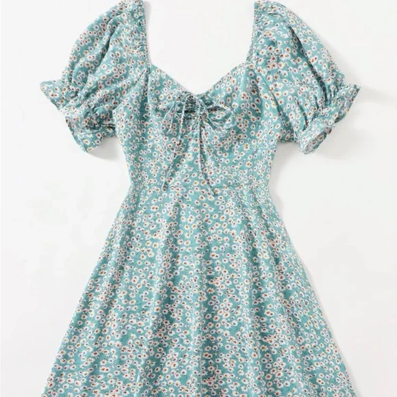 Shein Dresses | Blue Green Ditsy Floral Print Puff Sleeve Drawstring Self-Tie Ruched Bust Dress | Color: Green/White | Size: 4X | Bootiki's Closet